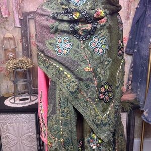 NWT Aratta Floral Embroidered Green Scarf